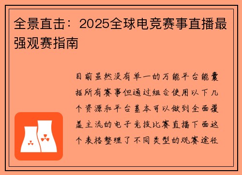 全景直击：2025全球电竞赛事直播最强观赛指南